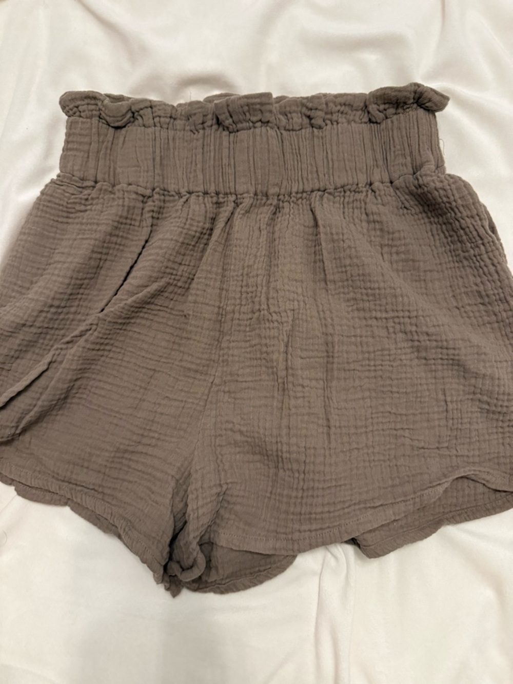 MARBLE High-Waist Ruched Shorts — Taupe Brown